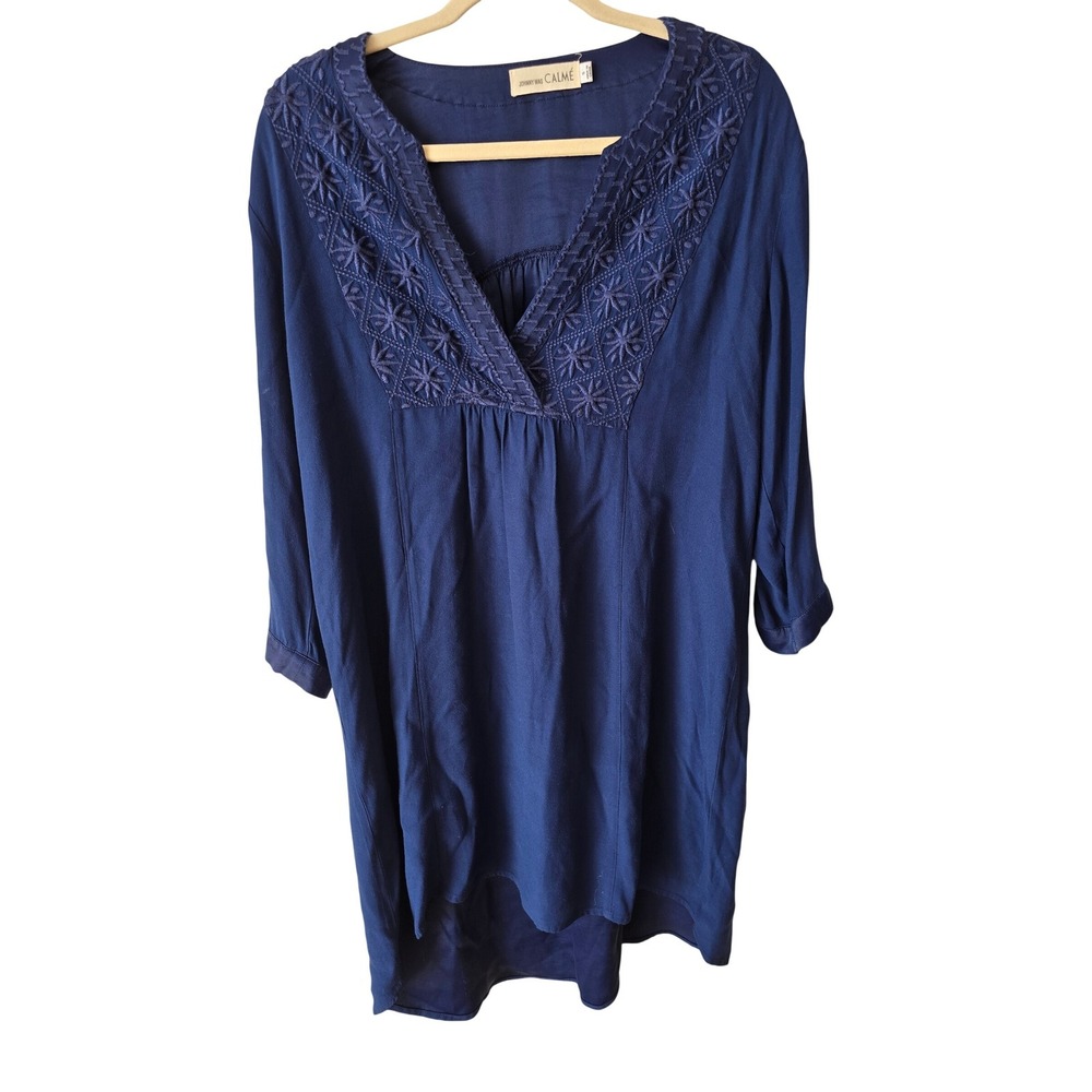 Johnny‎ Was Calme Navy Blue Embroidered V-Neck Tunic Top 3/4 Sleeve Small